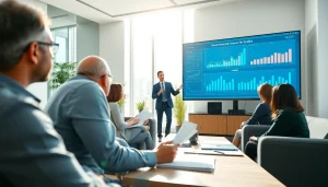 Engaging financial advisor showcasing investment management San Antonio strategies in a modern office.