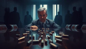 Engaging scene from Politics Thieves and Bullets showing a politician amid shadows.