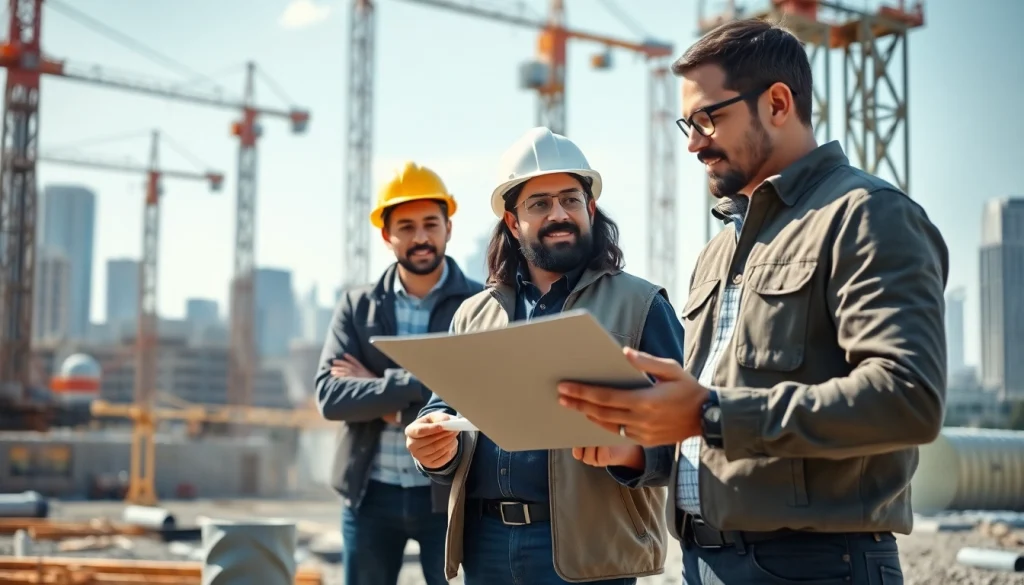 Engaged Manhattan Construction Manager with a team at an active construction site, showcasing collaboration.