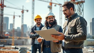 Engaged Manhattan Construction Manager with a team at an active construction site, showcasing collaboration.