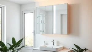 Spiegelschrank led mit modernem Design und integrierter Beleuchtung im Badezimmer stilvoll arrangiert.