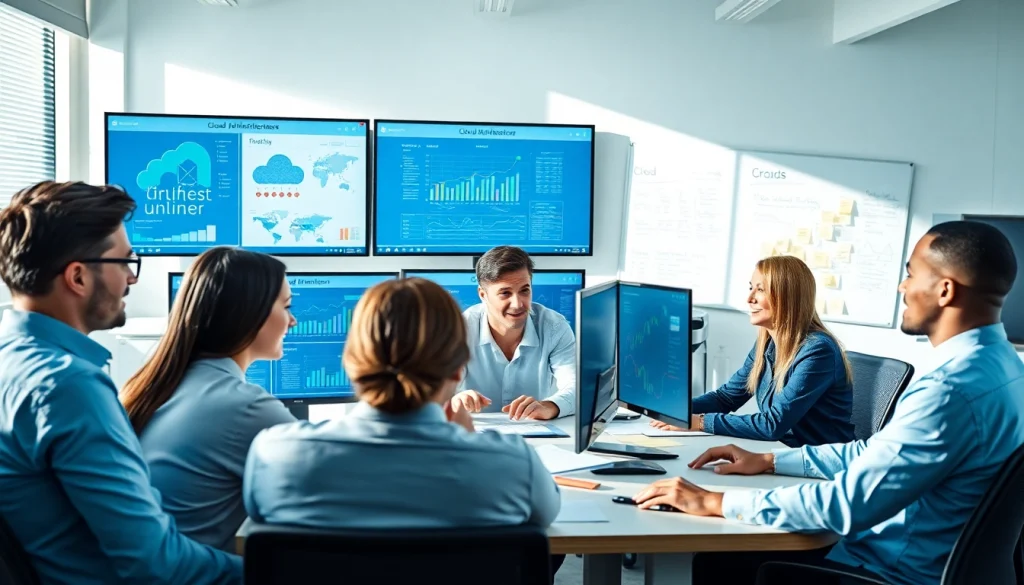 Visual representation of Cloud Migration Services showcasing IT specialists collaborating on cloud architecture.