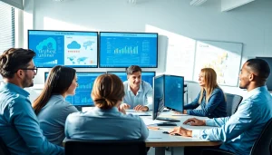 Visual representation of Cloud Migration Services showcasing IT specialists collaborating on cloud architecture.