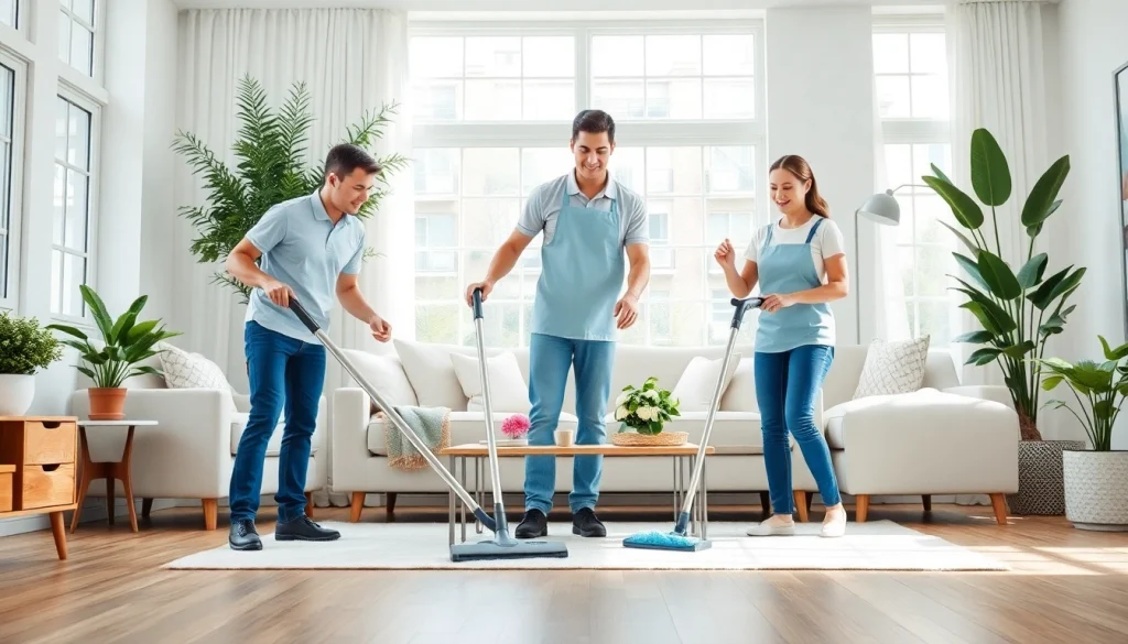 Spotlight on a Cleaning Service crew refreshingly cleaning a bright, modern living room.
