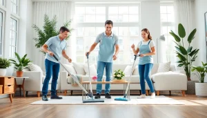 Spotlight on a Cleaning Service crew refreshingly cleaning a bright, modern living room.