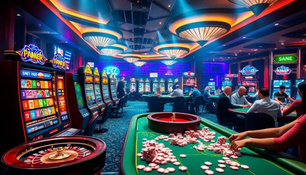 Exciting casino atmosphere with KJC AC 3 branding, featuring roulette, poker, and vibrant slot machines.