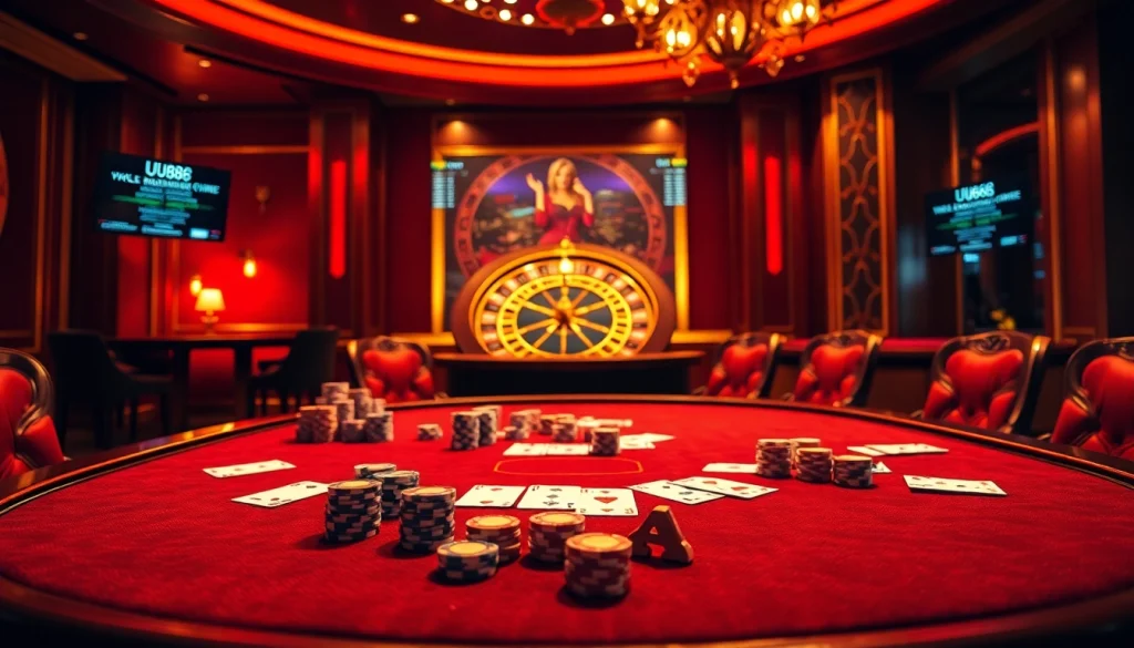 Exciting high-stakes poker scene with UU88 branding, showcasing chips and cards.