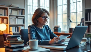 Professional translator at work showcasing the expertise of a traducător autorizat in a serene office environment.