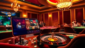 Babu88 enthusiasts engaging with vibrant casino games on a digital device amidst luxurious surroundings.