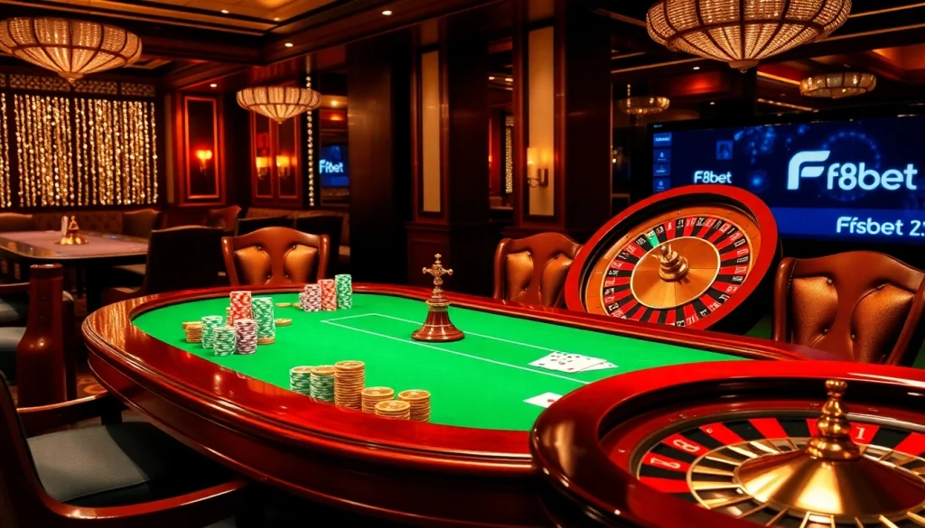 Engaging scene featuring Đăng nhập F8bet at a luxurious casino with poker chips and cards.