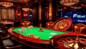 Engaging scene featuring Đăng nhập F8bet at a luxurious casino with poker chips and cards.