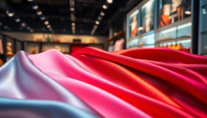 Bekijk satijn stoffen met een glanzende textuur in een luxe boetieksetting.