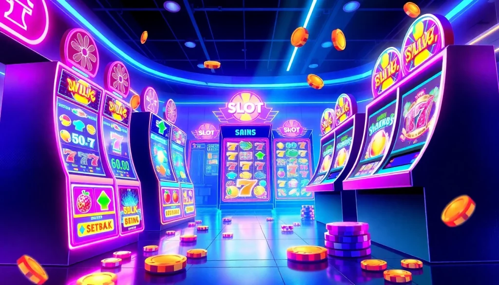 Exciting scene of slot hoki with vibrant digital slot machines and colorful gaming symbols.