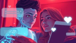 Engaging in ai sexting with a holographic chatbot in a cozy, intimate setting.