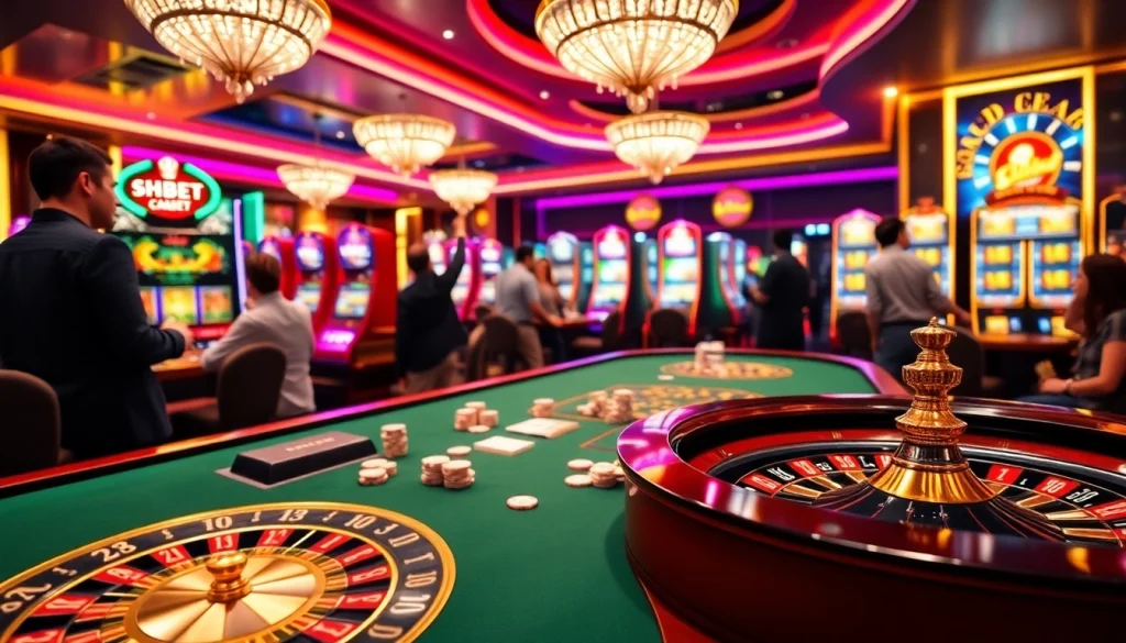 SHBET gaming table with vibrant poker action and celebratory atmosphere at a luxurious casino.