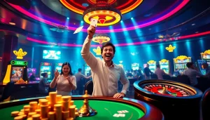 Jogadores animados desfrutando de cassino online com mesas vibrantes e luzes brilhantes.