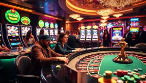 Excited players enjoying high-stakes gaming at nohu90 casino tables filled with chips and cards.