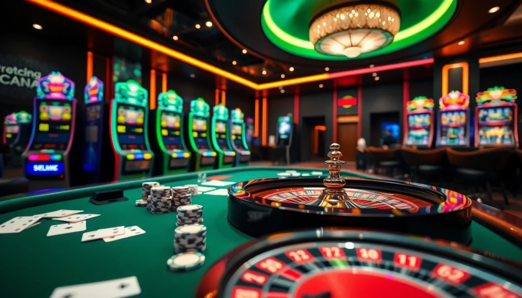 Experience the excitement of live gambling at QQ88 COM with vibrant casino tables and illuminated slot machines.