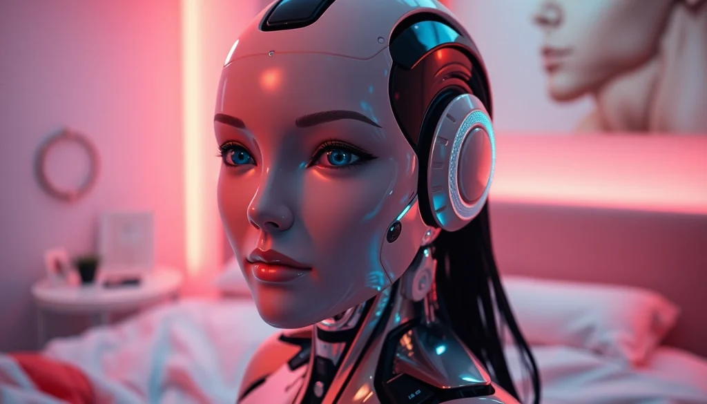 AI sex bot in a modern bedroom, showcasing companionship and intimacy in a warm ambiance.
