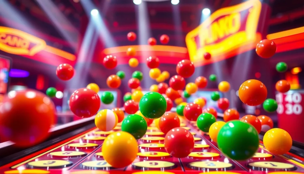 Permainan situs plinko menampilkan papan berwarna-warni dengan bola melompat di kasino.