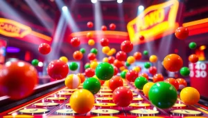 Permainan situs plinko menampilkan papan berwarna-warni dengan bola melompat di kasino.