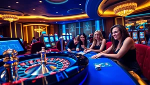 Players enjoying EE88 casino games with roulette wheel and poker chips at a vibrant gaming table.