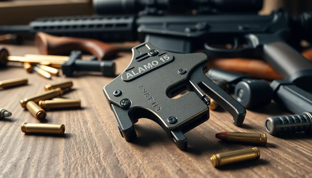 Showcase an Alamo 15 trigger for sale with intricate design features against tactical shooting accessories.