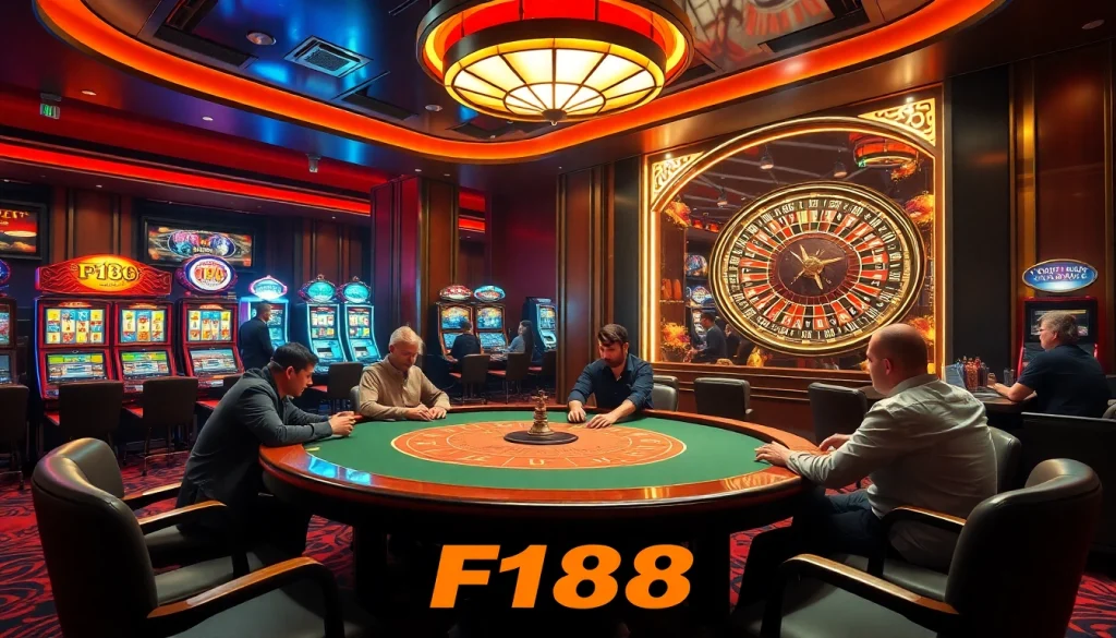 Experience thrilling gameplay at F168's vibrant casino table with engaging players and elegant decor.