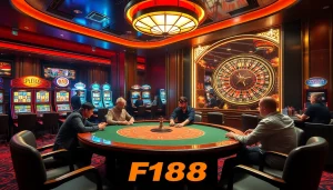 Experience thrilling gameplay at F168's vibrant casino table with engaging players and elegant decor.