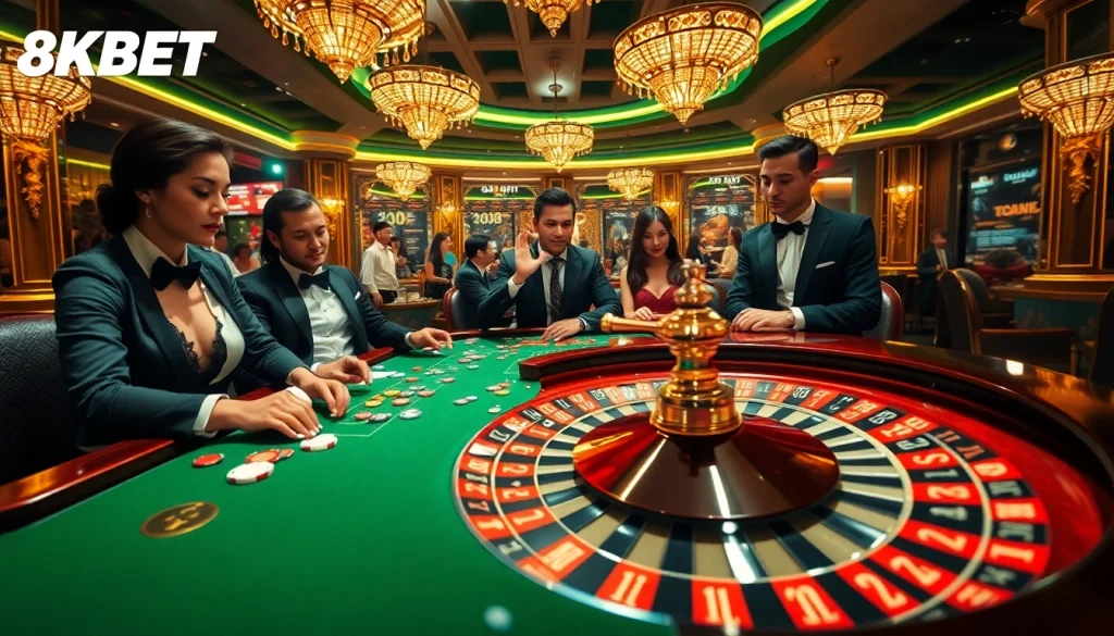 Exciting gambling at 8KBET featuring poker chips, a roulette wheel, and online gaming elements.