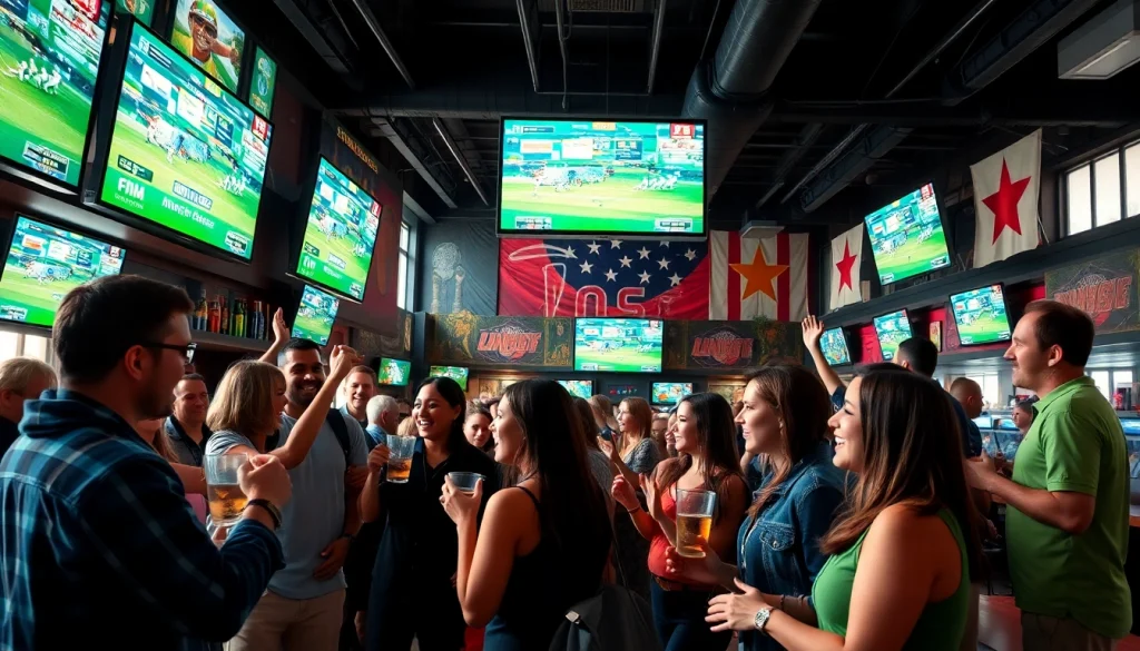 Engaging scene of people enjoying sports betting sites Alabama in a lively sports bar atmosphere.
