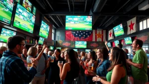 Engaging scene of people enjoying sports betting sites Alabama in a lively sports bar atmosphere.