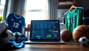 Engaging sports betting setup illustrating sports betting sites Canada with a laptop and sports memorabilia.