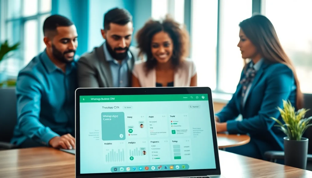 Engaged team utilizing WhatsApp Business CRM in a modern business environment.