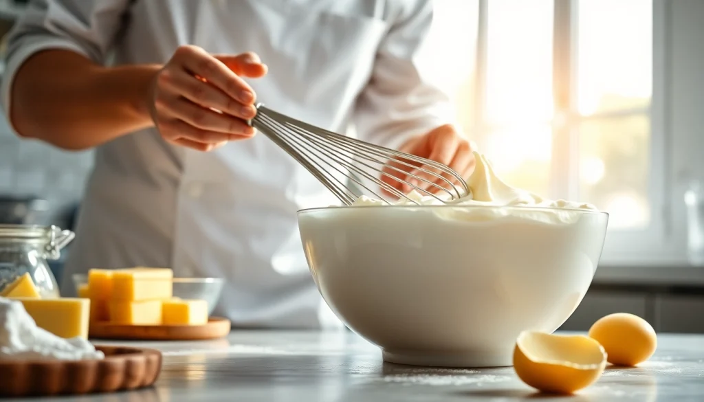 Mousseline crème wordt bereid door een professionele patissier in een moderne keuken.