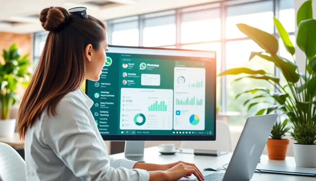 Engaging with WhatsApp Business CRM in a dynamic digital workspace filled with data analytics.