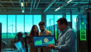 Visual representation of bitcoin cloud mining in a high-tech facility utilizing renewable energy.