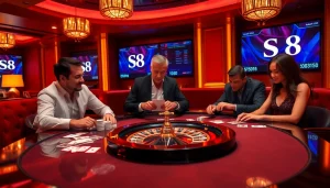 S8 offers thrilling casino excitement with sleek gaming tables, vibrant chips, and engaging players.