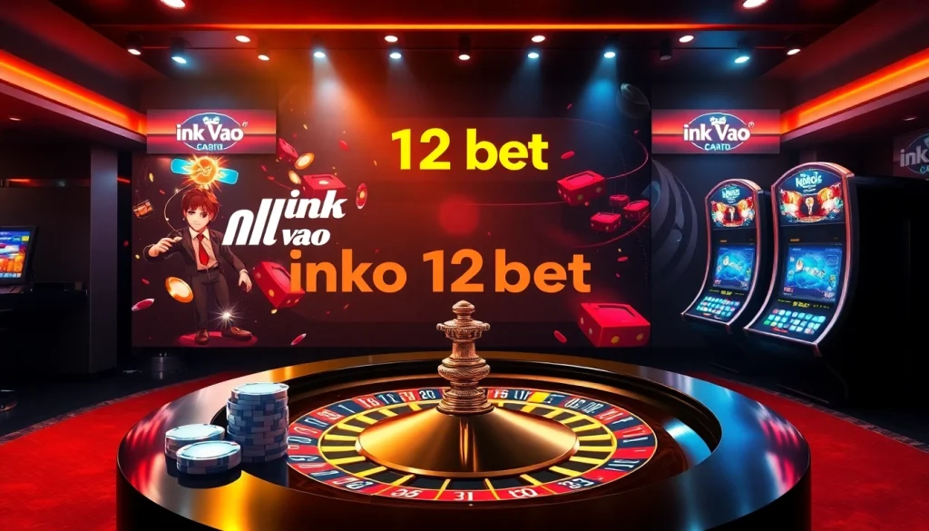 Experience the excitement of online gambling with ink vao 12bet in a vibrant casino scene featuring roulette and poker elements.