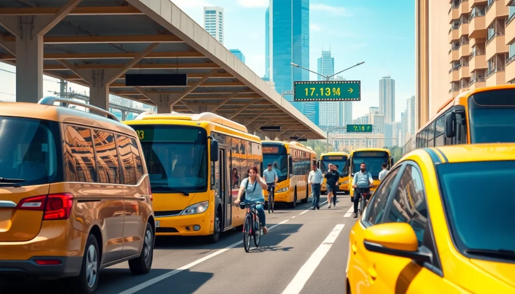 Showcasing transportation options in an urban setting with diverse users and vibrant scenery.