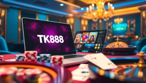 Engaging TK88 online betting scene with poker chips, cards, and a roulette wheel during gameplay.