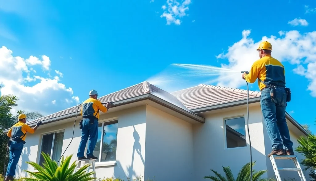 Roof cleaning in Kissimmee, FL, showcasing professionals cleaning a modern home.