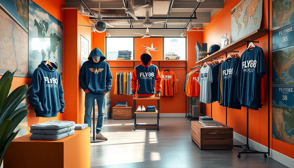 FLY88 aviation-inspired apparel boutique showcasing hoodies and caps with a trendy design.