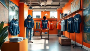FLY88 aviation-inspired apparel boutique showcasing hoodies and caps with a trendy design.