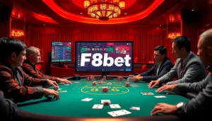 Players enjoying poker at an F8bet casino table, showcasing thrilling gambling action.