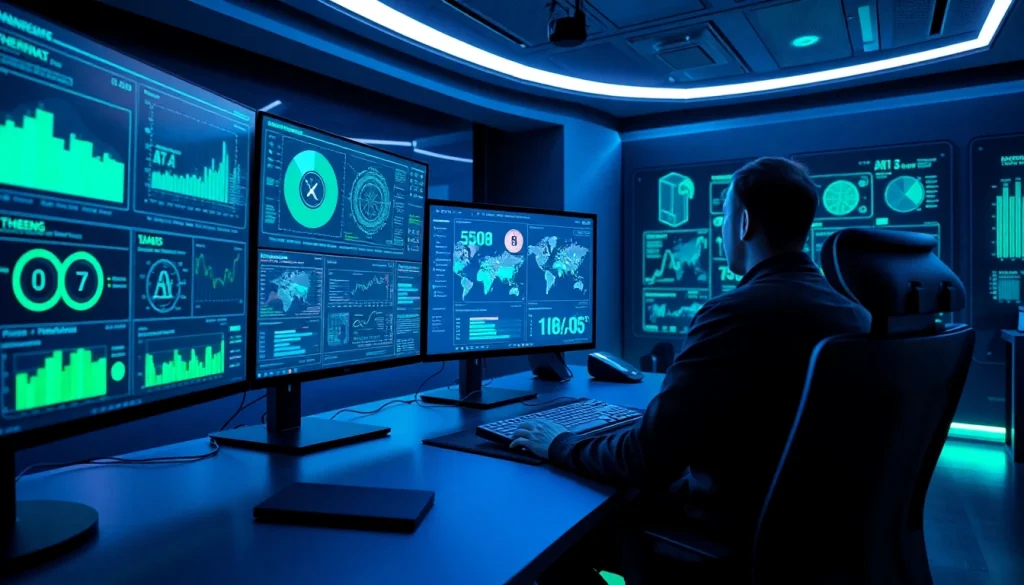 Cybersecurity AI analyst monitoring threats with advanced technology in a modern workspace.