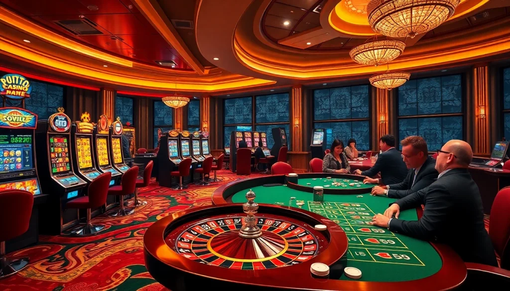 Adegan kasino yang menarik dengan mesin slot berwarna-warni dan pemain poker yang menggunakan Depo 5k untuk pengalaman yang mendebarkan.