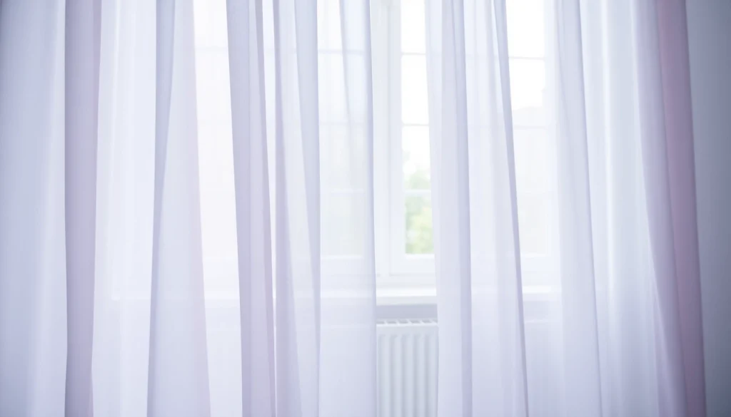 Elegante voile stof die de ruimte opfleurt met zijn zachte textuur en lichte kleuren.