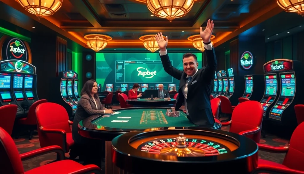 Players enjoying a thrilling game at 7upbet casino, celebrating a victorious moment.