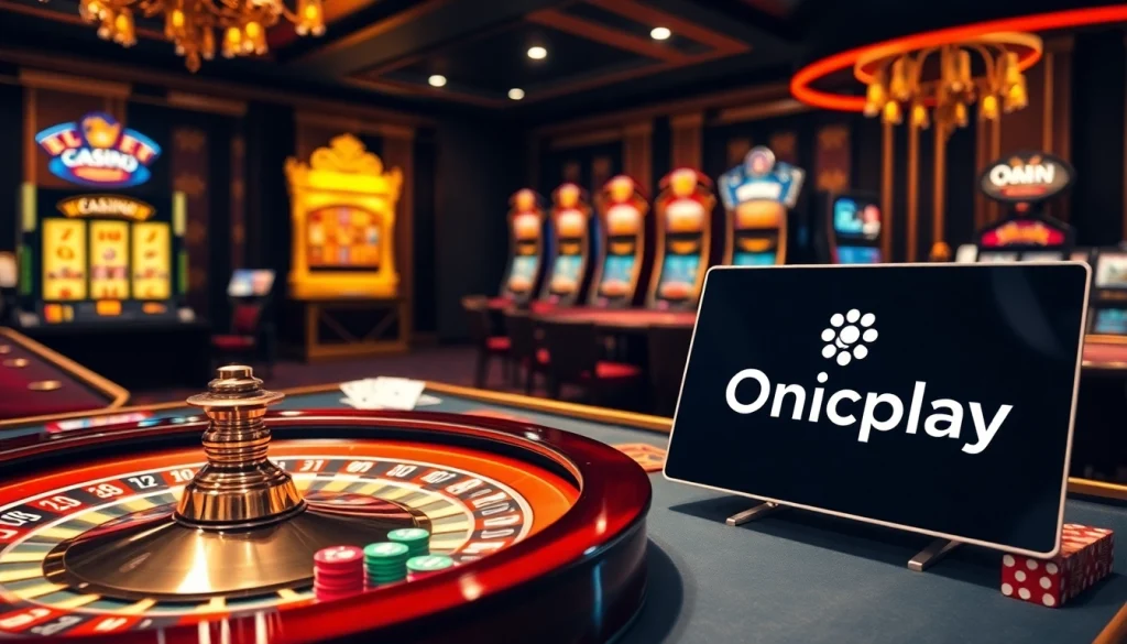Experience the thrill of Onicplay with vibrant casino elements and a luxurious gaming atmosphere.